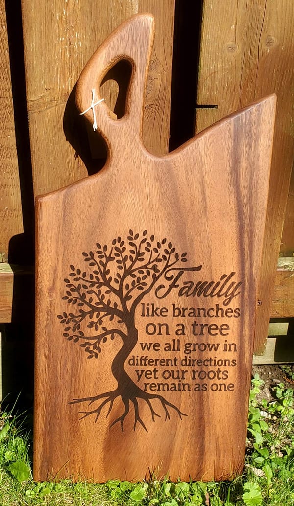 family tree laser engraved on bubinga wood