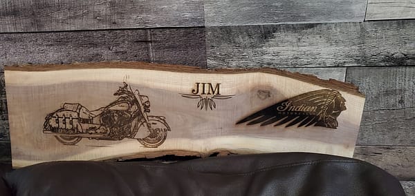 black walnut slab with Indian Motorcycle laser engraved