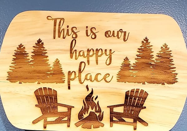 trees and chairs laser engraved on wood