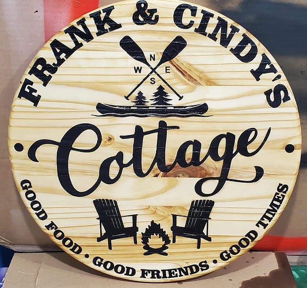 black cottage lettering on round wood sign