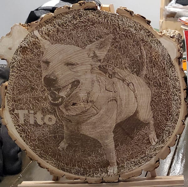 laser engraved wood round with pet portrait