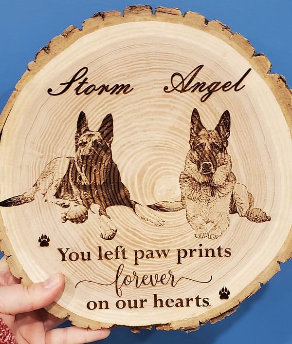 German Shepard dogs laser engraved on wood round