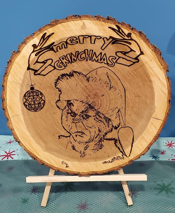 Grinch themed laser engraved wood round