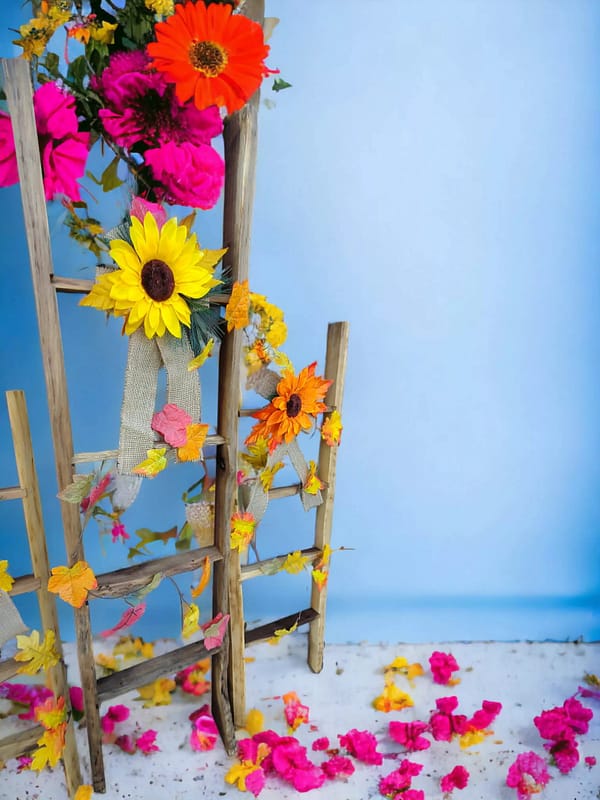 flower decor on walnut ladder