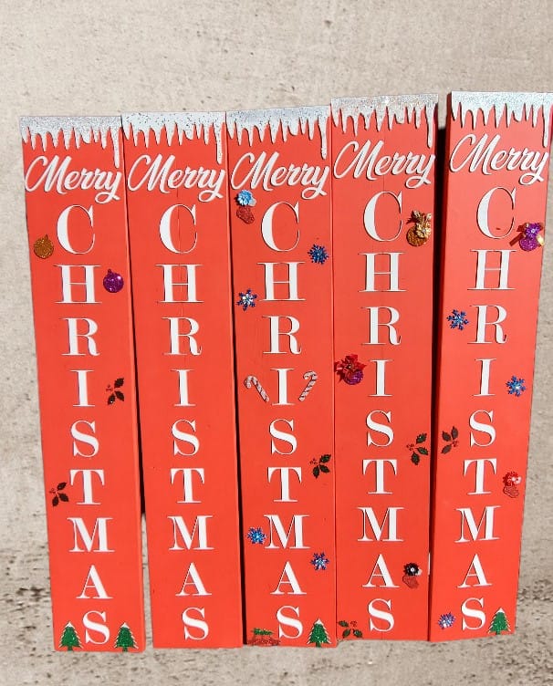 vertical red Christmas porch sign with decorations