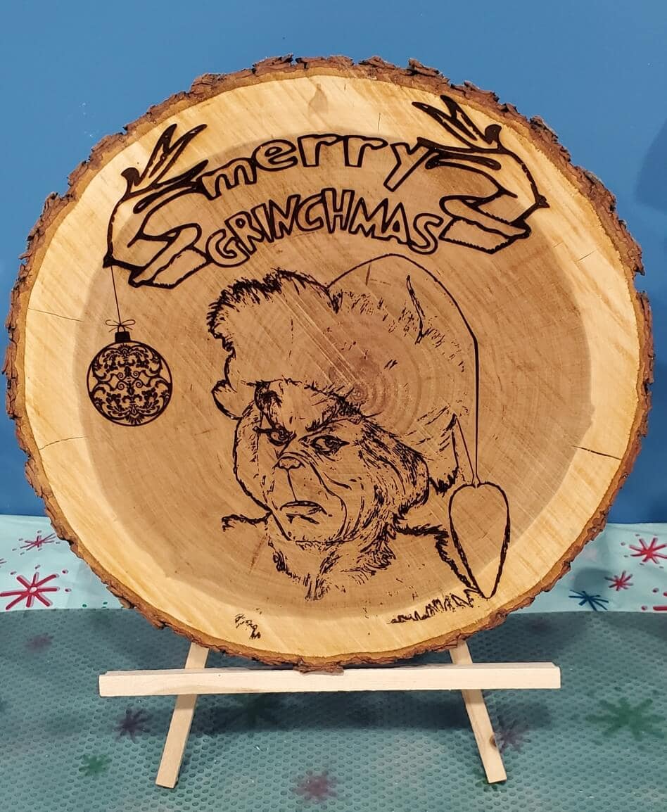 Grinch themed laser engraved wood round